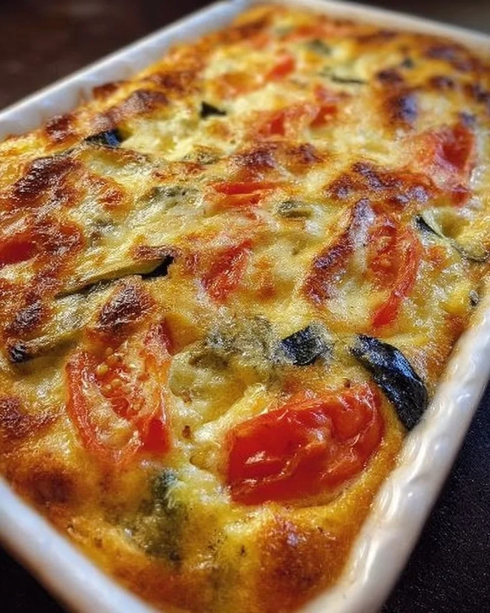 Leckere Portion Tomaten-Zucchini-Auflauf auf einem Teller