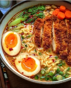 Tonkotsu-Ramen mit knusprigem Chicken Katsu im Hintergrund.