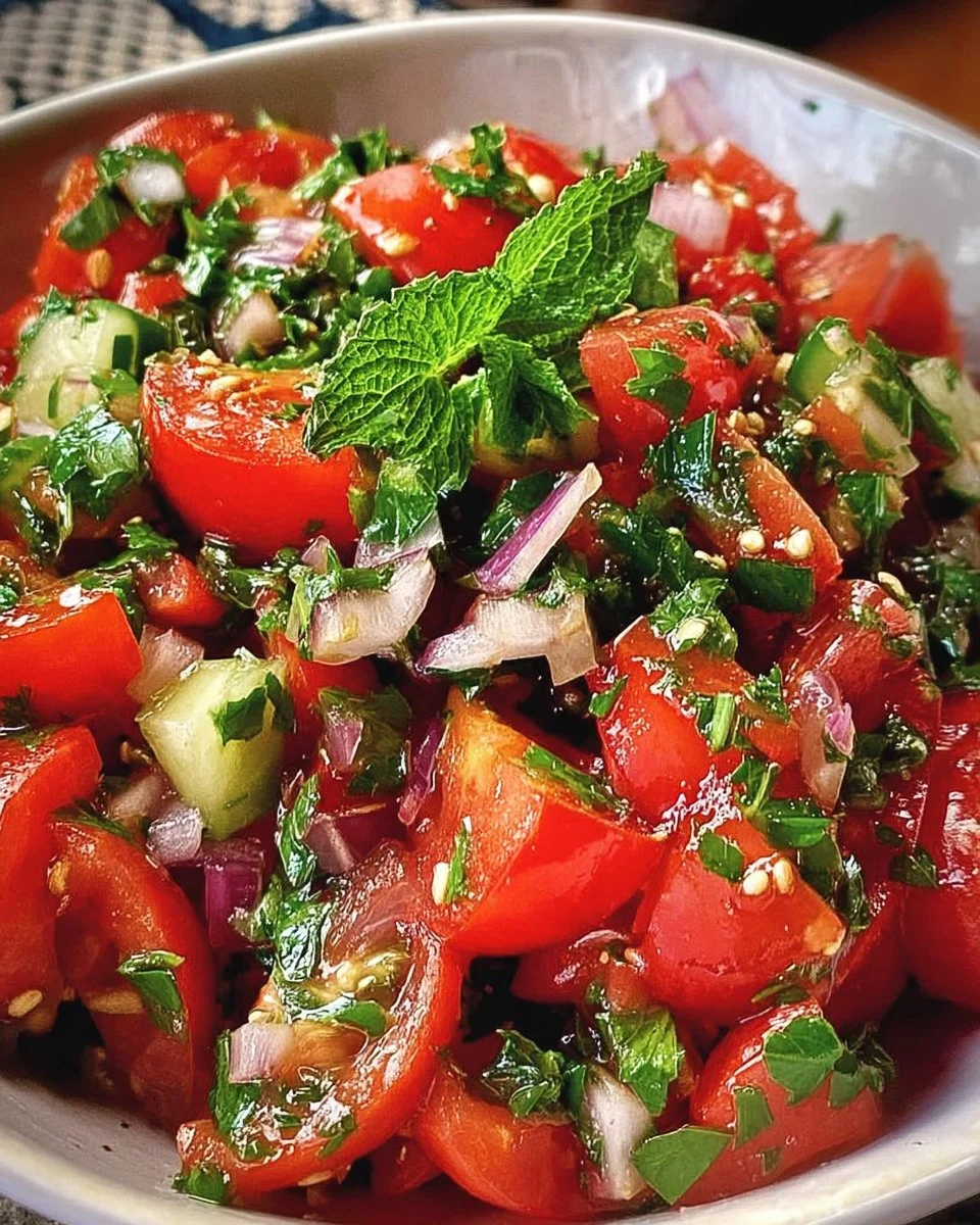 Türkischer Tomatensalat mit frischen Zutaten auf einem Teller angerichtet
