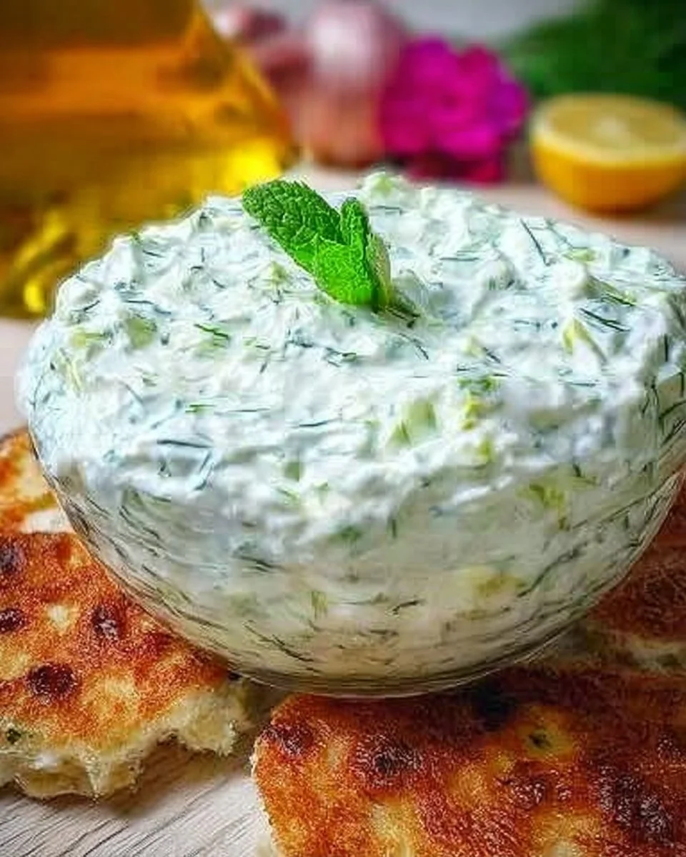 Frische Tzatziki serviert in einer Schüssel mit Gurkenscheiben und Olivenöl.