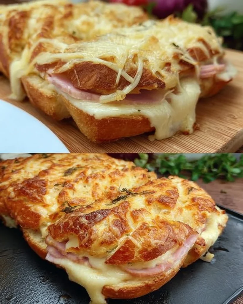 Überbackenes Käsebrot mit Schinken frisch aus dem Ofen