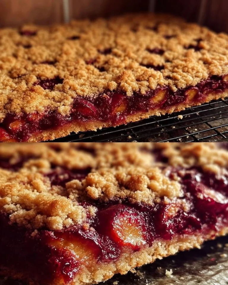 Ultrasaftiger Pflaumenkuchen vom Blech mit Streuseln auf einem Teller serviert.