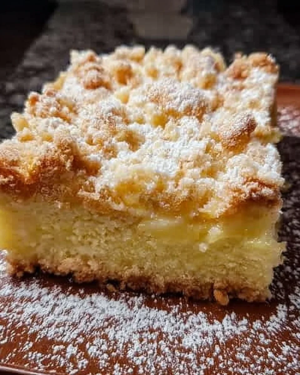 Versunkener Streuselkuchen mit Vanillepudding auf einem Teller