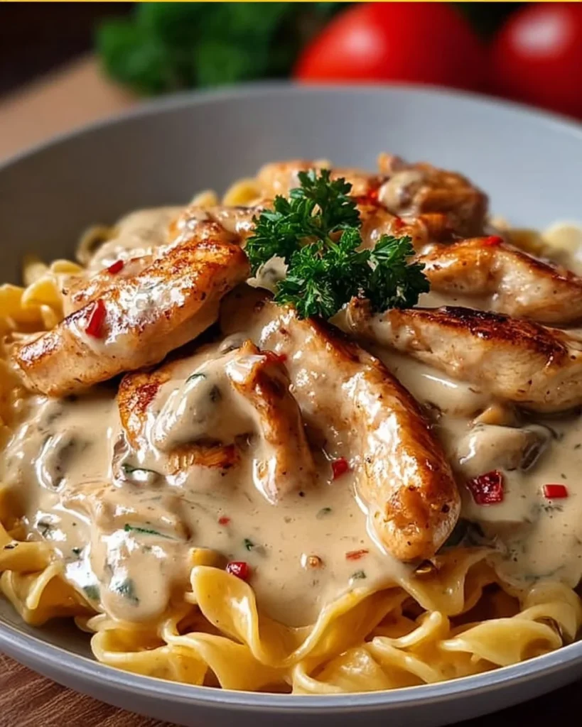 Zarte Hähnchenstreifen mit cremigen Nudeln in einer sahnigen Sauce.