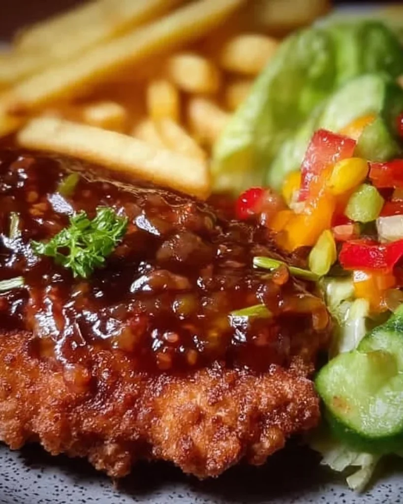 Zigeunerschnitzel mit Salat und Pommes auf einem Teller serviert