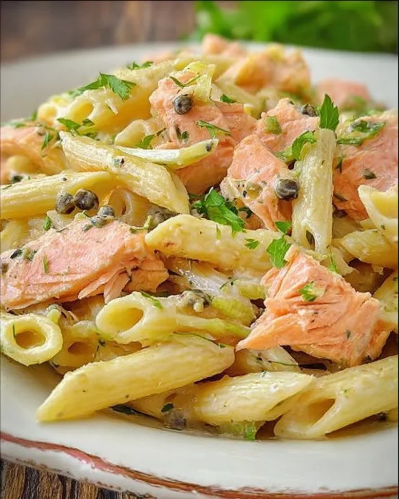 Zitronige Penne mit Lachs und Lauch auf einem Teller angerichtet