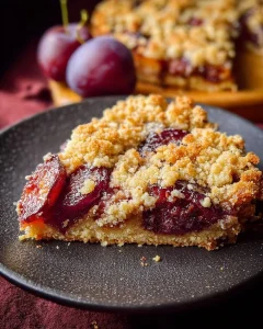 Leckerer Zwetschgenkuchen mit Streusel auf einem Teller