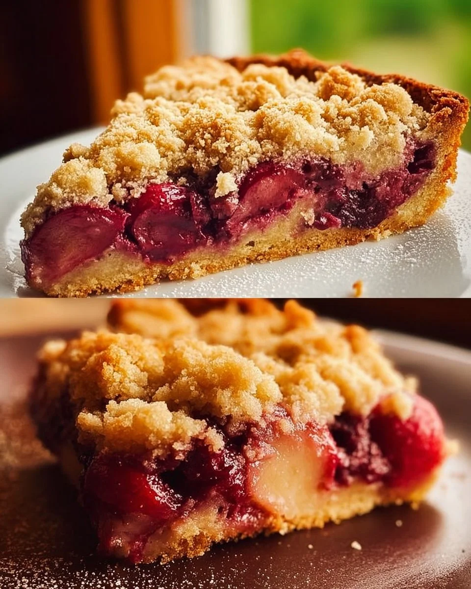 Zwetschgenkuchen mit Zimtstreuseln auf einem Teller serviert