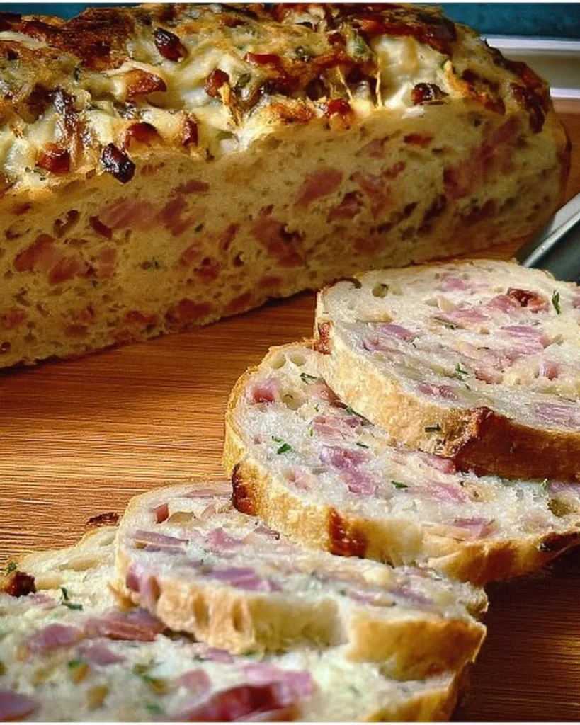 Zwiebel-Käse-Schinken-Brot mit frischen Zutaten auf einem Holzbrett