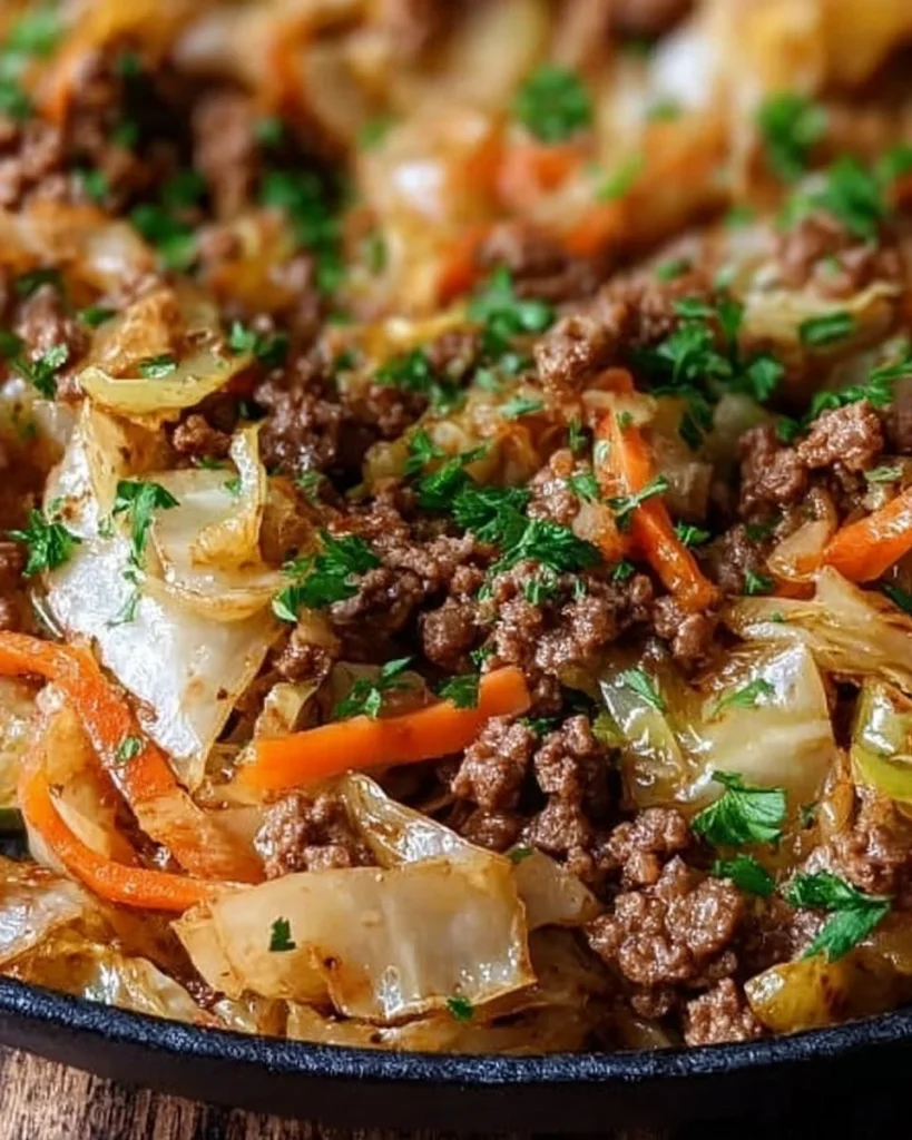 Leckere Hackfleisch-Kohl-Pfanne in einer Pfanne, gesund und schnell zubereitet