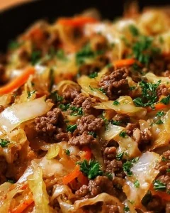 Gesunde Hackfleisch-Kohl-Pfanne in einer Pfanne zubereitet.