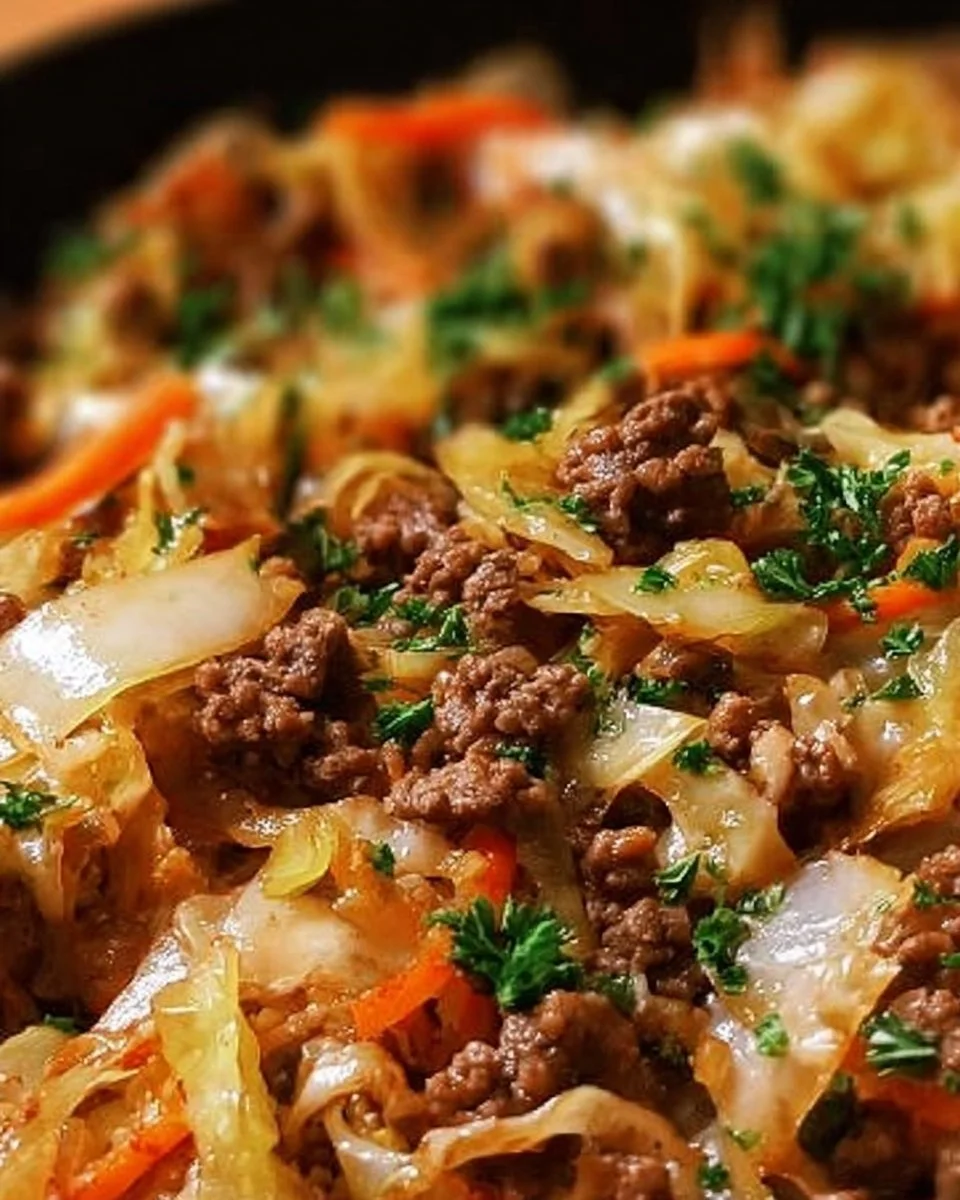 Gesunde Hackfleisch-Kohl-Pfanne in einer Pfanne zubereitet.