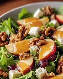 Frischer Apfel-Walnuss-Salat auf einem Holzbrett serviert.