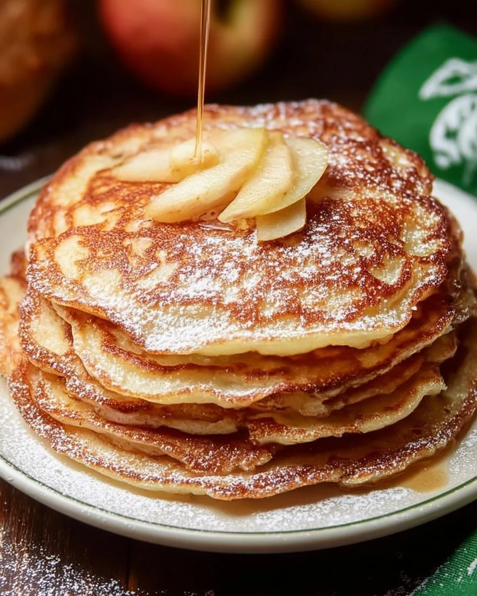Fluffige Apfelpfannkuchen auf einem Teller mit frischen Äpfeln