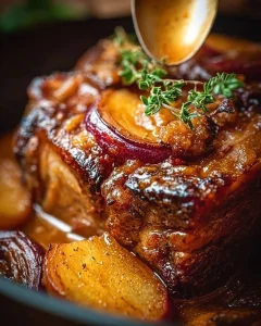 Apfelwein-geschmorte Schweineschulter auf einem Teller, garniert mit Kräutern.