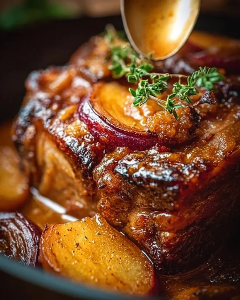 Apfelwein-geschmorte Schweineschulter auf einem Teller, garniert mit Kräutern.