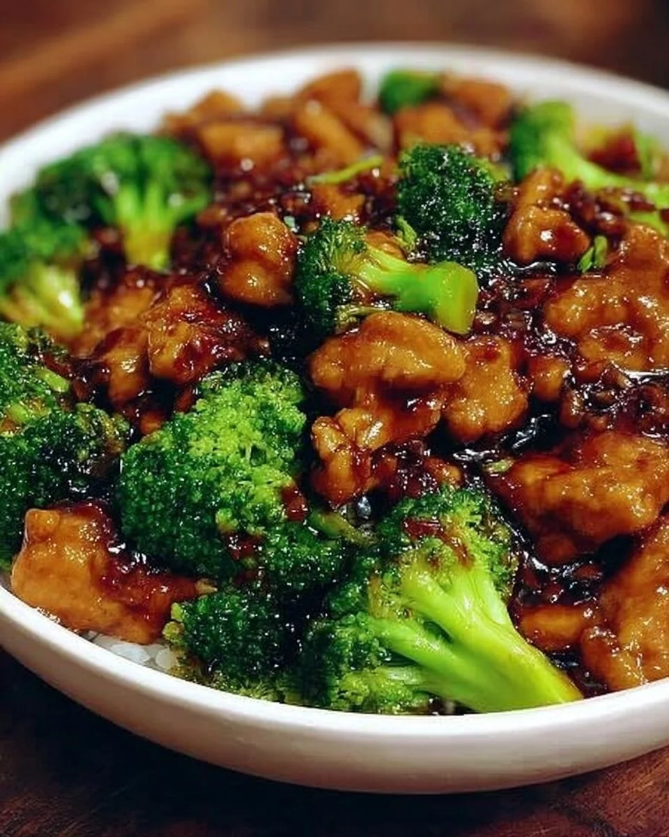 Asiatisches Hühnchen mit Brokkoli auf einem Teller serviert