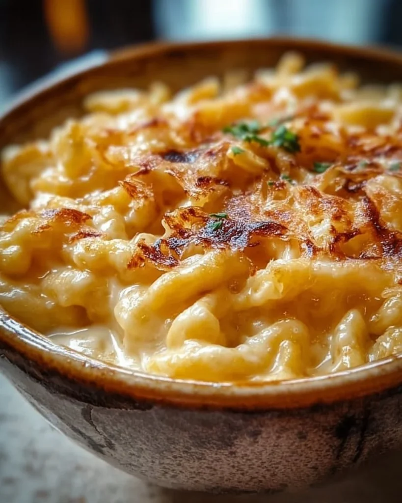 Authentische Käsespätzle serviert mit geschmolzenem Käse und Zwiebeln.