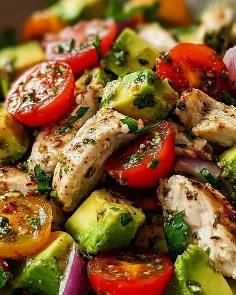 Ein gesunder Avocado-Hähnchen-Salat mit frischen Zutaten auf einem Teller.