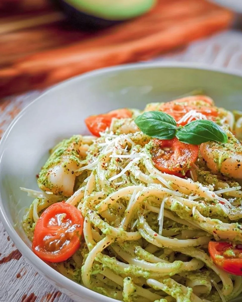 Cremige Avocado-Pasta mit frischen Zutaten in einer Schüssel serviert.