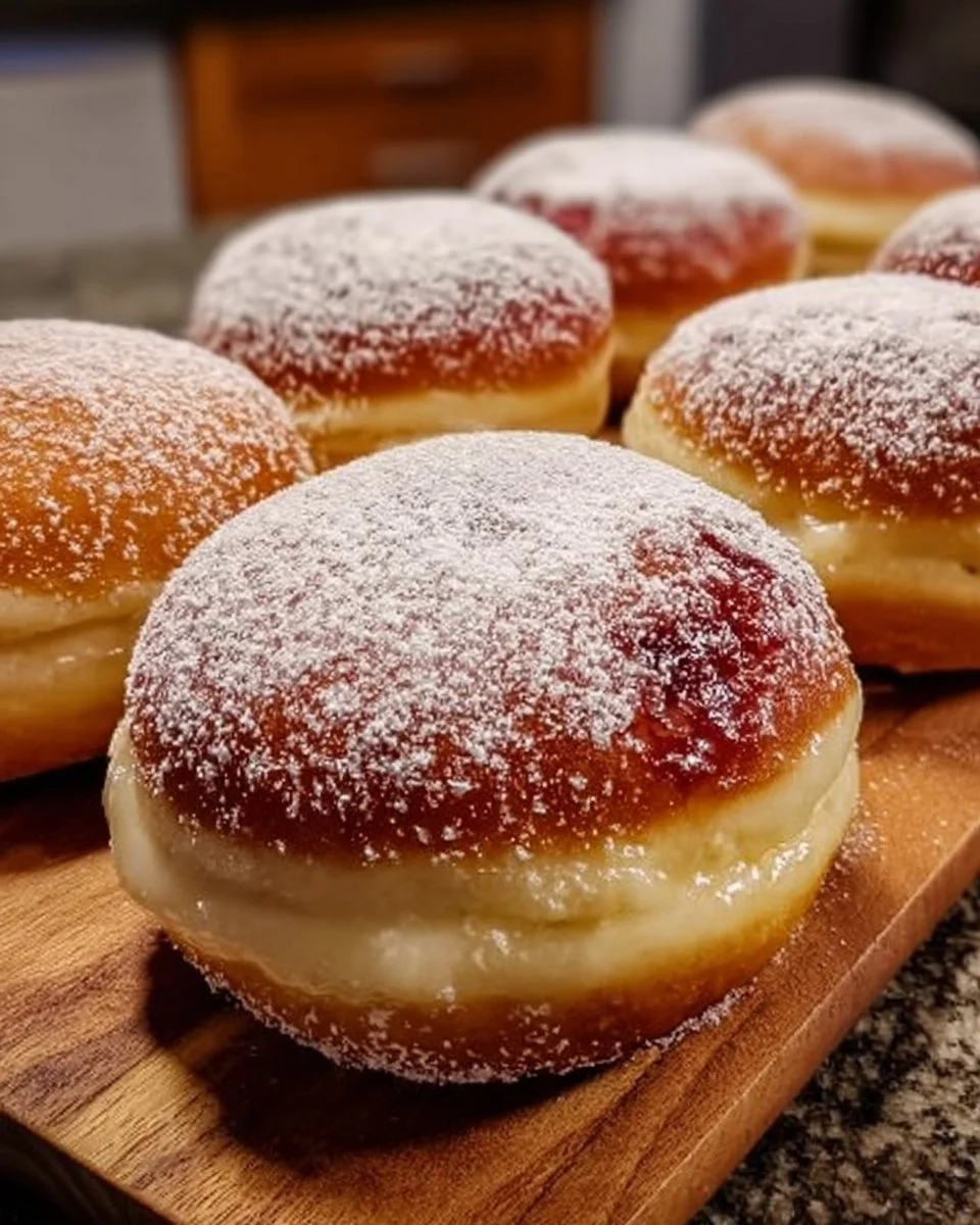 Leckere Berliner Krapfen mit Marmelade gefüllt, frisch gebacken und zubereitet.