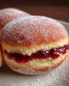 Frischer Berliner Pfannkuchen mit Puderzucker und Marmelade gefüllt
