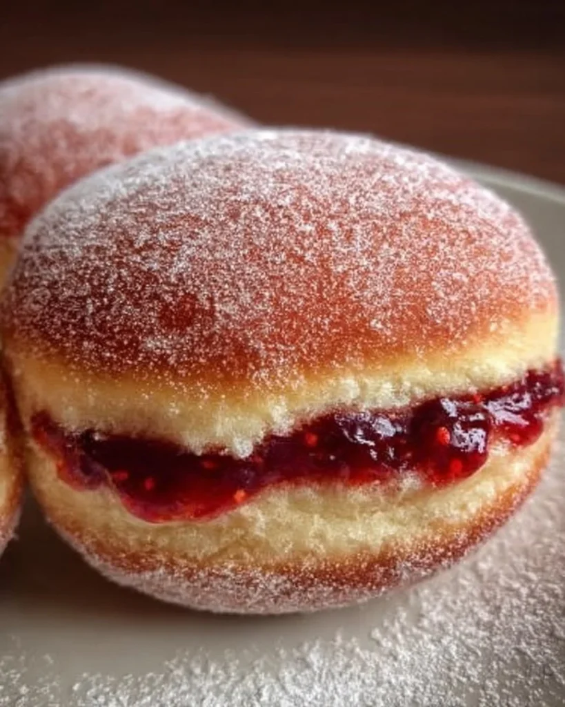 Frischer Berliner Pfannkuchen mit Puderzucker und Marmelade gefüllt