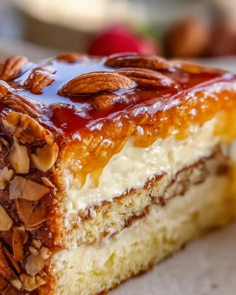 Bienenstich Kuchen mit Mandeln und Sahnefüllung auf einem weißen Teller