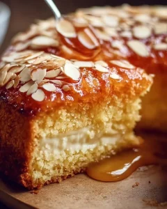 Köstlicher Bienenstich Kuchen mit Mandeln und Vanillecreme auf einem Teller