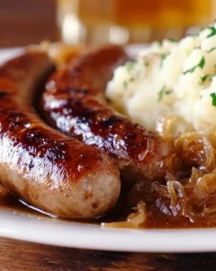 Bierbratwurst gegrillt und serviert mit Beilagen