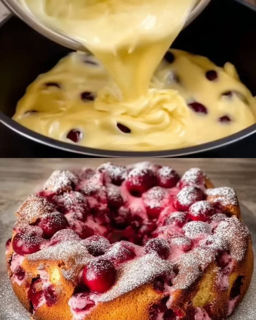 Blitz Kirschkuchen mit Pudding auf einem weißen Teller