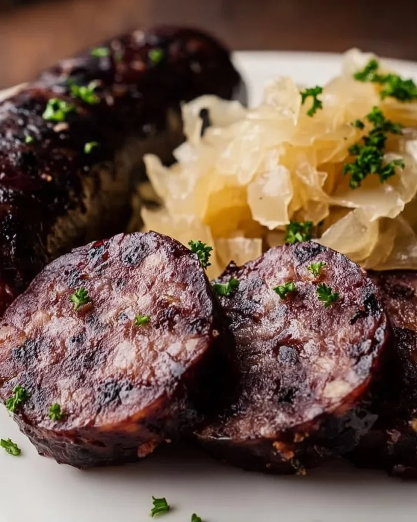 Blutwurst mit Sauerkraut auf einem Teller serviert