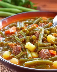 Bohneneintopf mit grünen Bohnen in einer Schüssel serviert