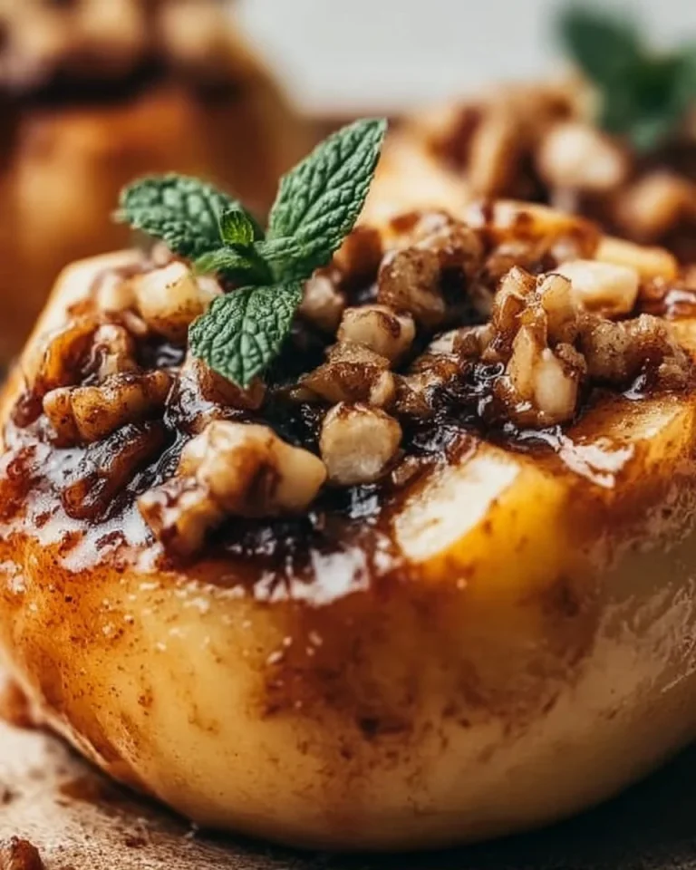 Ein frisch gebackener Bratapfel mit Nüssen und Zimt auf einem Teller