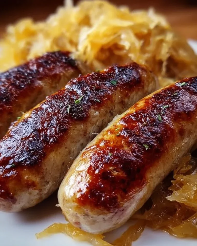 Bratwurst mit Sauerkraut auf einem Teller serviert