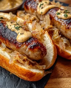 Bratwurst mit Sauerkraut auf einem Teller serviert