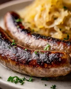 Bratwurst serviert mit Sauerkraut auf einem Teller