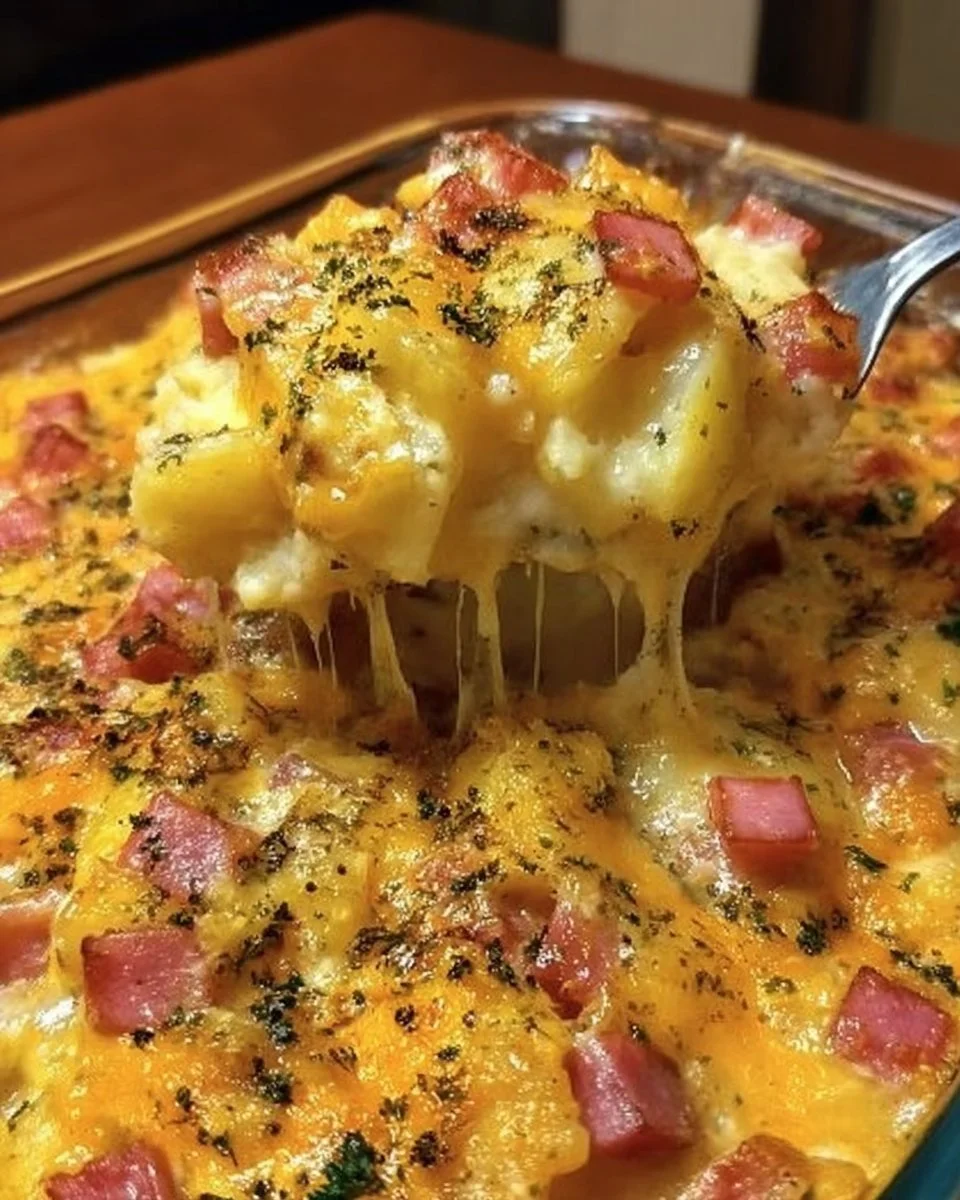 Cheese Potato Ham Casserole mit Käse, Kartoffeln und Schinken frisch aus dem Ofen