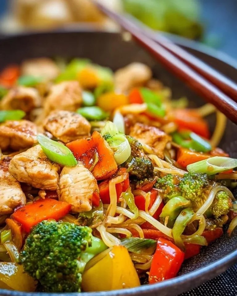 Chop Suey mit Gemüse und Hähnchen auf einem Teller serviert