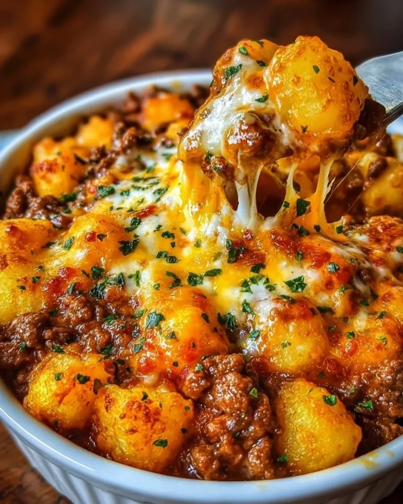 Leckeren Cowboy Kartoffel Auflauf mit Rindfleisch auf einem Teller serviert.