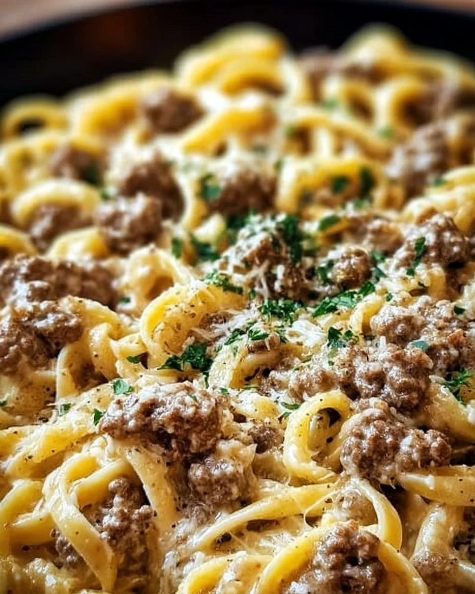 Cremige Knoblauchbutter-Pasta mit Hackfleisch aus einem Topf serviert
