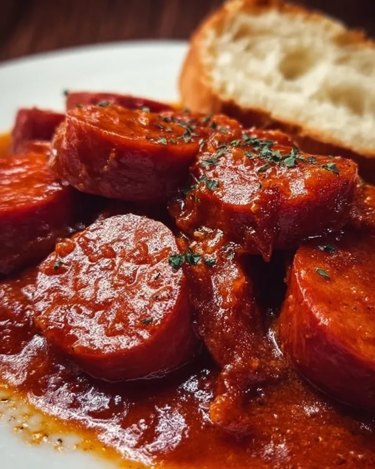 Leckere Currywurst mit würziger Soße und Pommes auf einem Teller