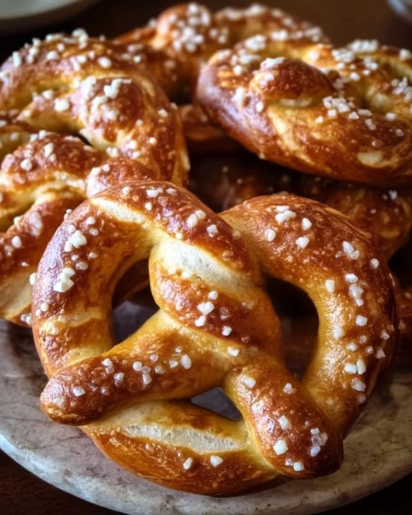 Frische deutsche Brezeln, goldbraun und knusprig, serviert auf einem Holzteller.