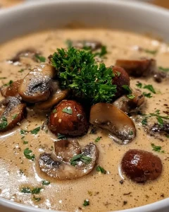 Deutsche Champignon Suppe in einer Schüssel mit frischen Kräutern garniert.