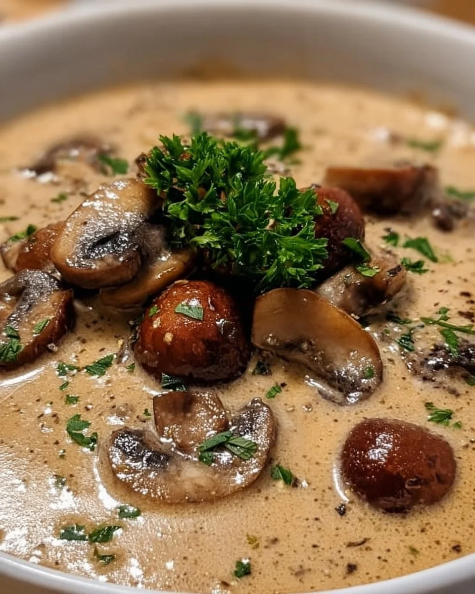 Deutsche Champignon Suppe in einer Schüssel mit frischen Kräutern garniert.