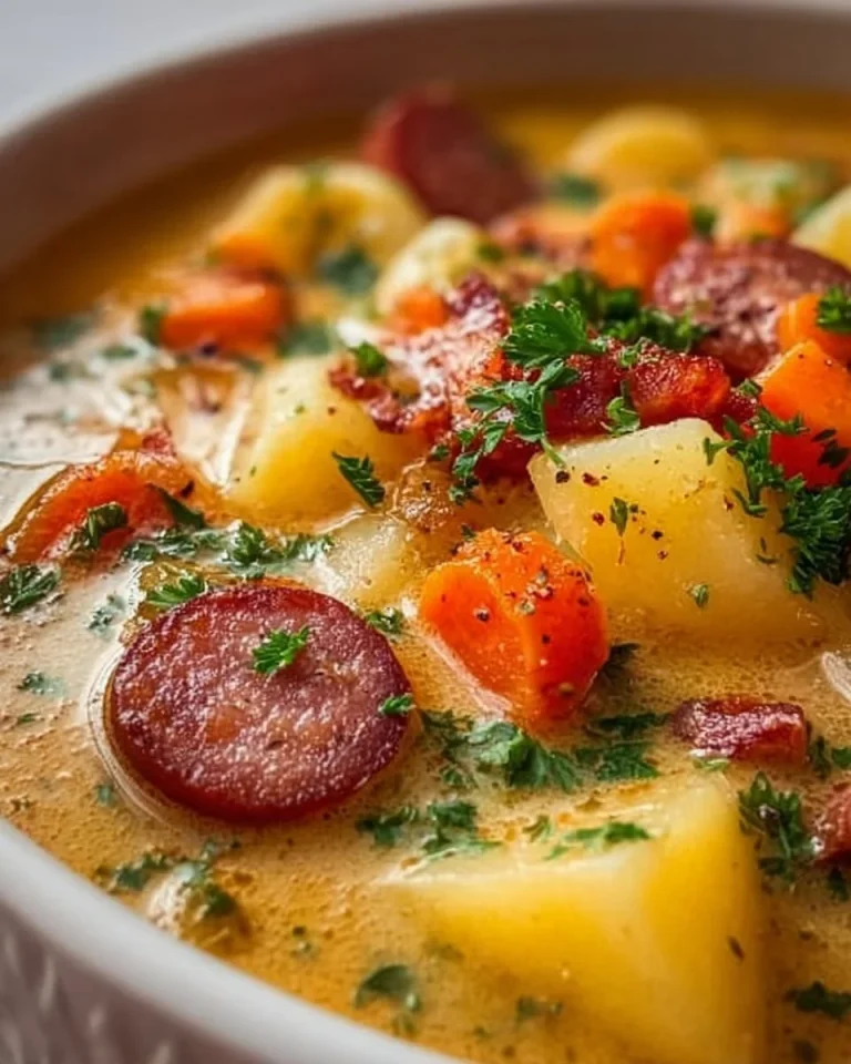 Schüssel mit traditioneller Deutscher Kartoffelsuppe, garnierte mit frischen Kräutern.