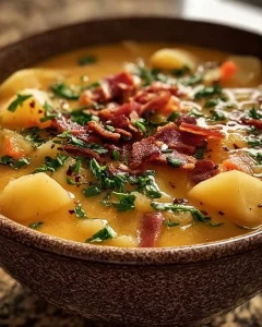 Schüssel mit leckerer deutscher Kartoffelsuppe mit frischen Kräutern garniert.