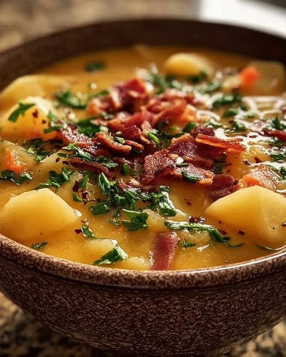Schüssel mit leckerer deutscher Kartoffelsuppe mit frischen Kräutern garniert.