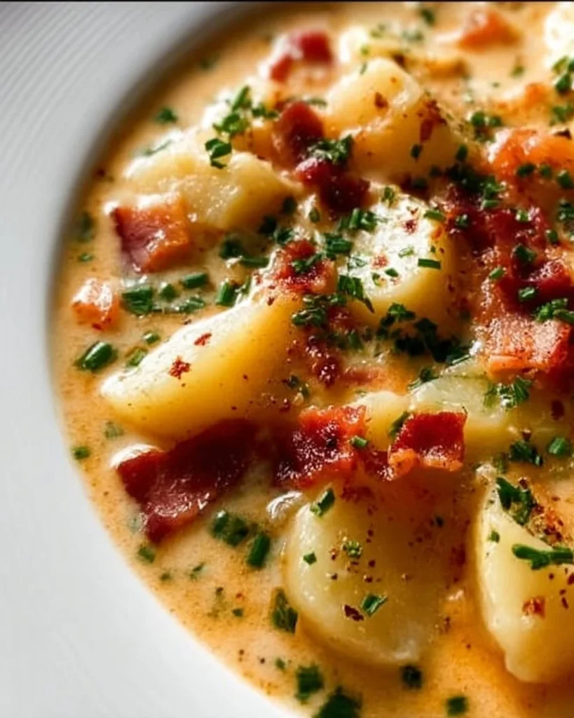 Schüssel mit traditioneller deutscher Kartoffelsuppe garniert mit frischen Kräutern