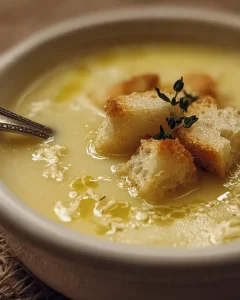 Deutsche Knoblauchsuppe in einer Schüssel mit frischen Kräutern dekoriert.